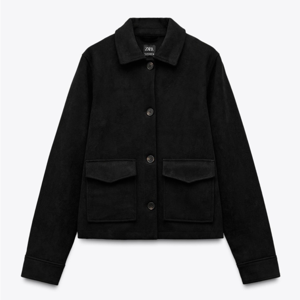 ZARA FAUX SUEDE SHORT JACKET BLACK 4344/922/800 SMALL CAPSULE WARDROBE VIRAL